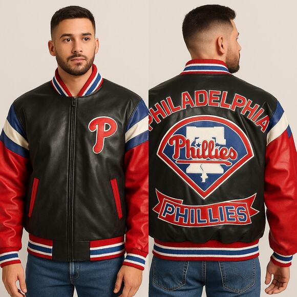 Philadelphia Phillies MLB Vintage G-III Leather Varsity Jacket Red Black Medium - Picture 1 of 12